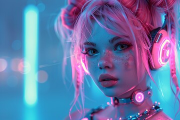 person with headphones in neon lit room 