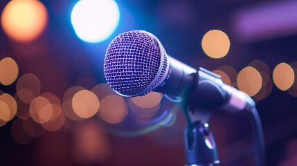 microphone on stage with lights bokeh, public speaking or leadership concept 