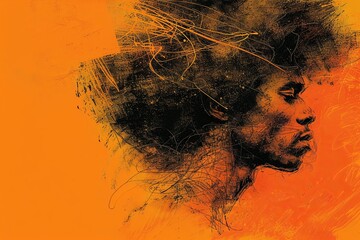 Black man with Afro hairstyle against orange background 