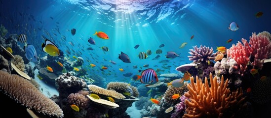 The underwater coral reef is a vibrant marine biology masterpiece, with electric blue fish swimming around a flourishing coral garden in the fluid ocean water