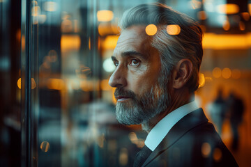 thoughtful mature business man looking out of the window - obrazy, fototapety, plakaty