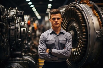 Engineer standing near shinnen turbine engine of airline