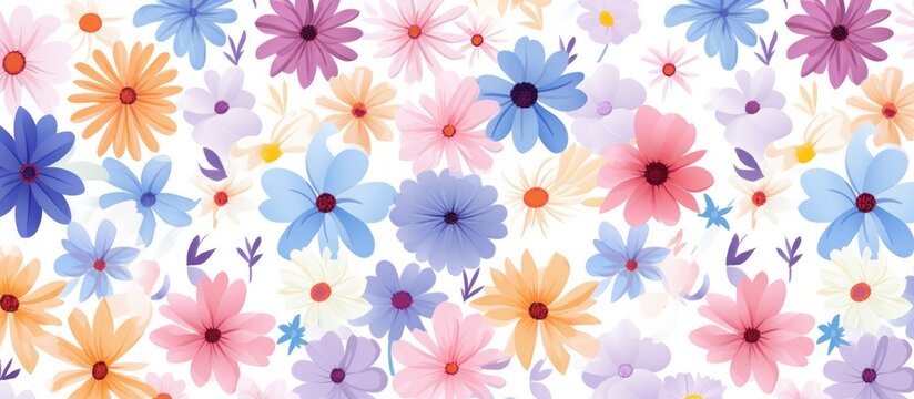 Seamless pattern of flowers in various colors on a white background. Designed for decorative use on various surfaces and items.