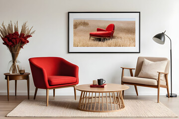 Warm and cozy living room interior with mock up poster frame, modern red armchair, wooden coffee table, beige sofa, slippers, vase with dried flowers and personal accessories. Home decor. Template.