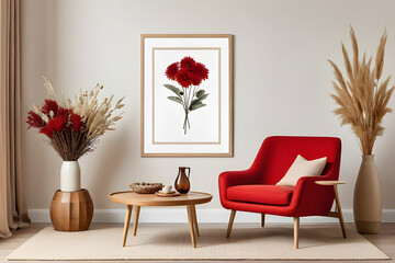 Warm and cozy living room interior with mock up poster frame, modern red armchair, wooden coffee table, beige sofa, slippers, vase with dried flowers and personal accessories. Home decor. Template. - obrazy, fototapety, plakaty