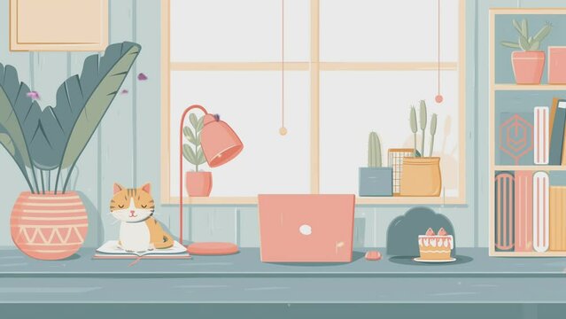 A bedroom with a cat and laptop, home plants, seamless looping 4k time-lapse, animation video