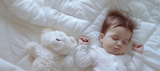 Newborn baby peacefully sleeping on a white bed, with a plush toy nearby. The image offers copy space for text and captures the innocence and serenity of a sleeping infant. - obrazy, fototapety, plakaty
