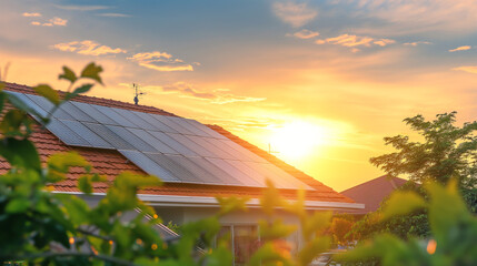 Panel solar energy photovoltaic power roof sun home cell system green house eco industry. Solar energy building panel future electric engineer technology ecology sunset nature station sky light work 