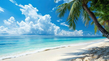 Fototapeta na wymiar beach and palm on sea with nice sky background