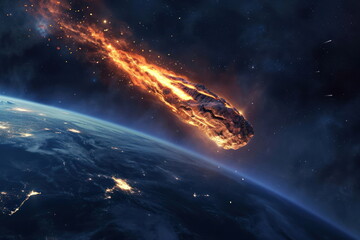  burning meteorite in space flying towards the planet earth - obrazy, fototapety, plakaty