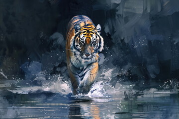 A Tiger walking, water color style
