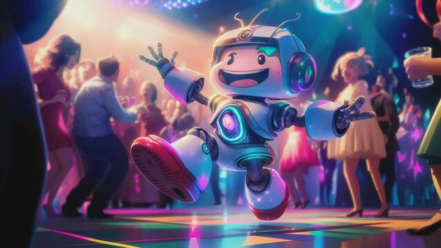 A robot is dancing at a party with flashing lights, seamless looping, 4k time-lapse animation video
