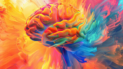 Vibrant abstract of a brain radiating swirling colors, epitomizing creativity, thought, and the dynamism of the mind.