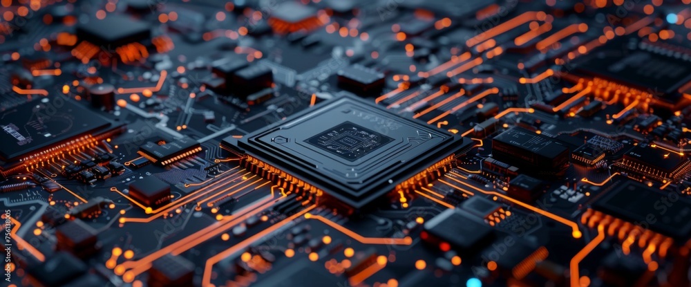 Poster 3d rendering of circuit board background with closeup view on chip and baseboard