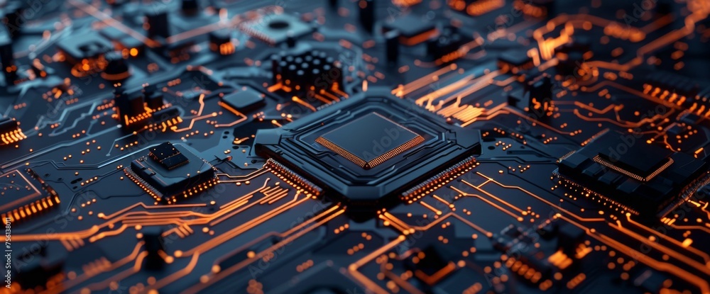 Poster 3d rendering of circuit board background with closeup view on chip and baseboard