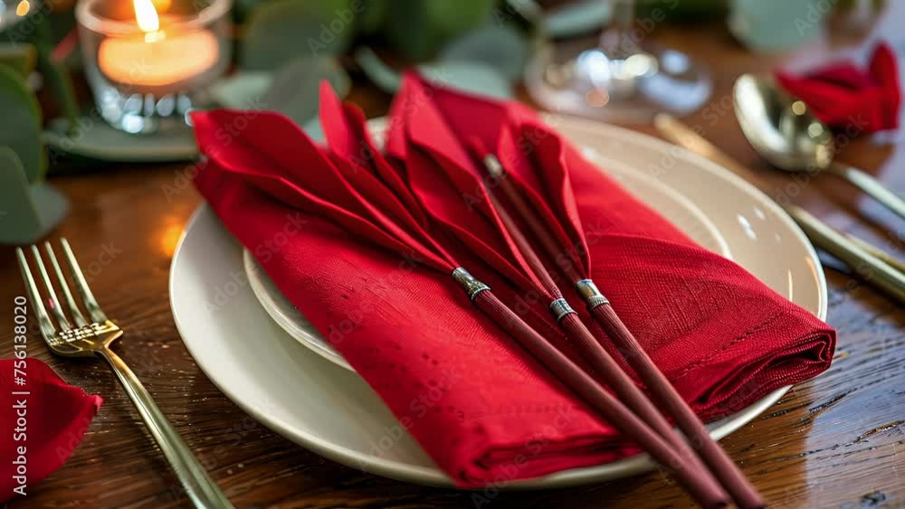 Poster red linen napkins are carefully folded into the shape of cupids arrow adding a touch of whimsy to th