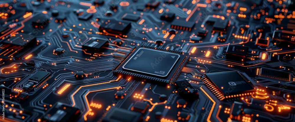 Poster 3d rendering of circuit board background with closeup view on chip and baseboard