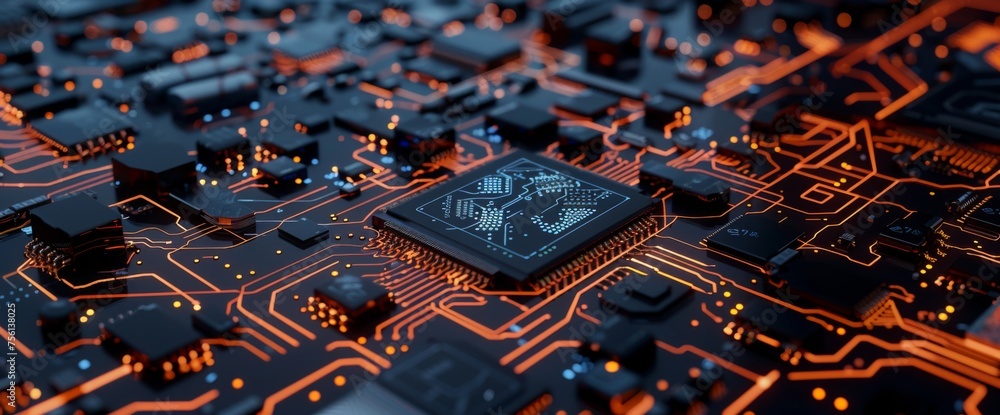 Poster 3d rendering of circuit board background with closeup view on chip and baseboard