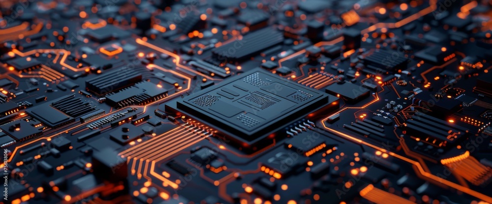Poster 3d rendering of circuit board background with closeup view on chip and baseboard