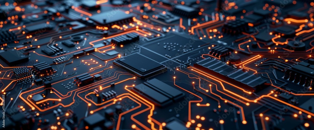 Poster 3d rendering of circuit board background with closeup view on chip and baseboard