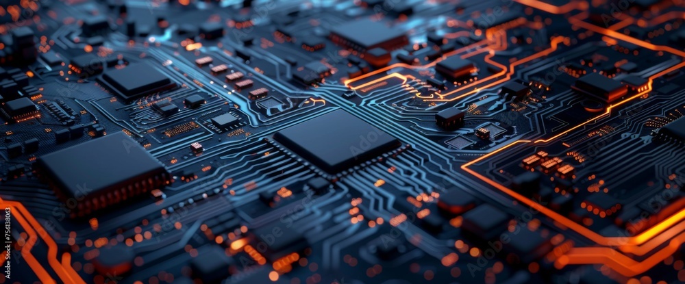 Poster 3d rendering of circuit board background with closeup view on chip and baseboard