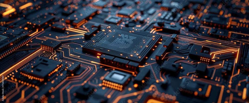 Poster 3d rendering of circuit board background with closeup view on chip and baseboard