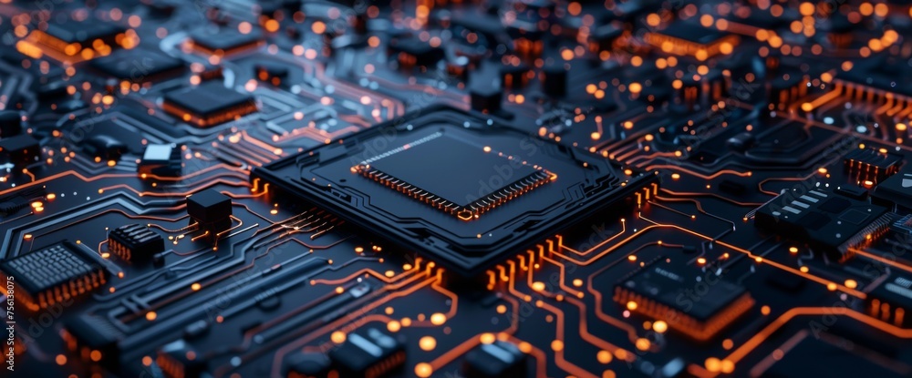 Poster 3d rendering of circuit board background with closeup view on chip and baseboard