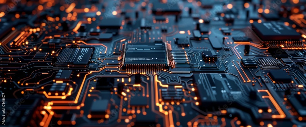 Poster 3d rendering of circuit board background with closeup view on chip and baseboard