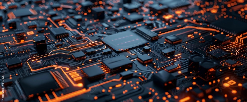 Poster 3d rendering of circuit board background with closeup view on chip and baseboard