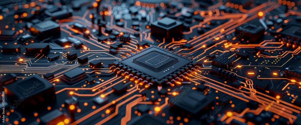 Poster 3d rendering of circuit board background with closeup view on chip and baseboard