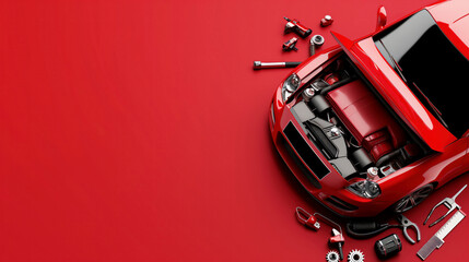 red car with its engine dismantled - obrazy, fototapety, plakaty