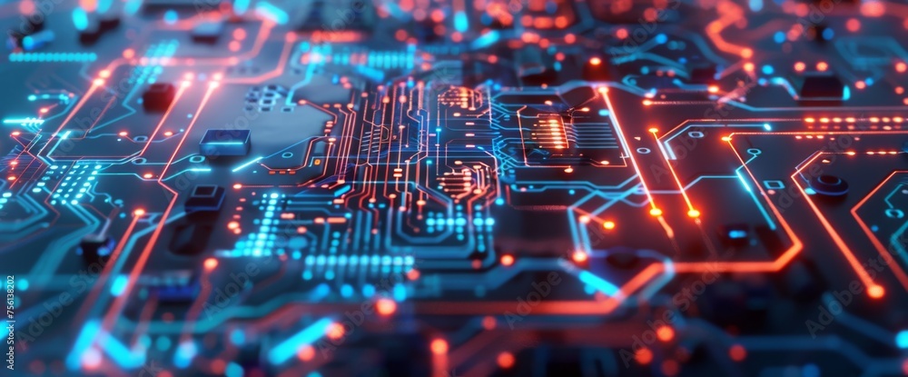 Poster 3d rendering of circuit board background with closeup view on chip and baseboard