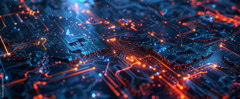 Poster 3d rendering of circuit board background with closeup view on chip and baseboard