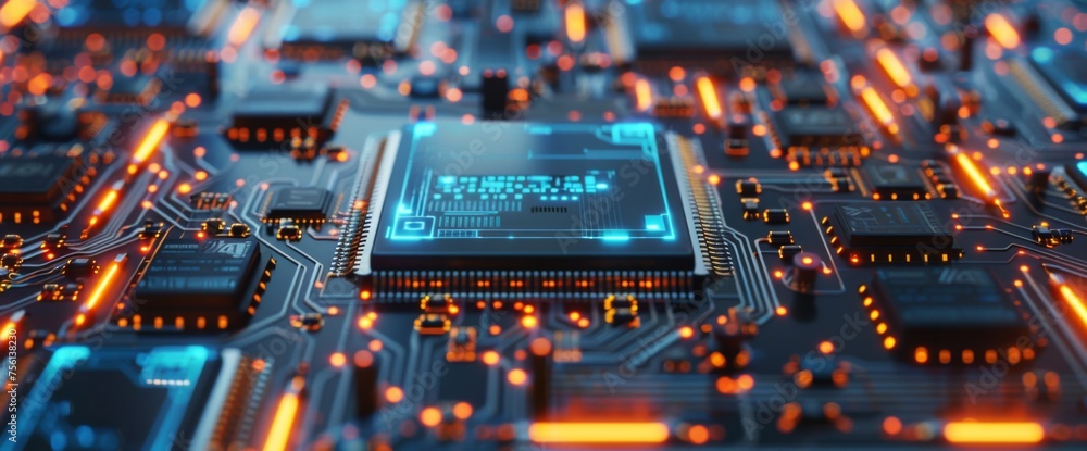 Poster 3d rendering of circuit board background with closeup view on chip and baseboard