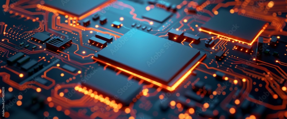 Poster 3d rendering of circuit board background with closeup view on chip and baseboard