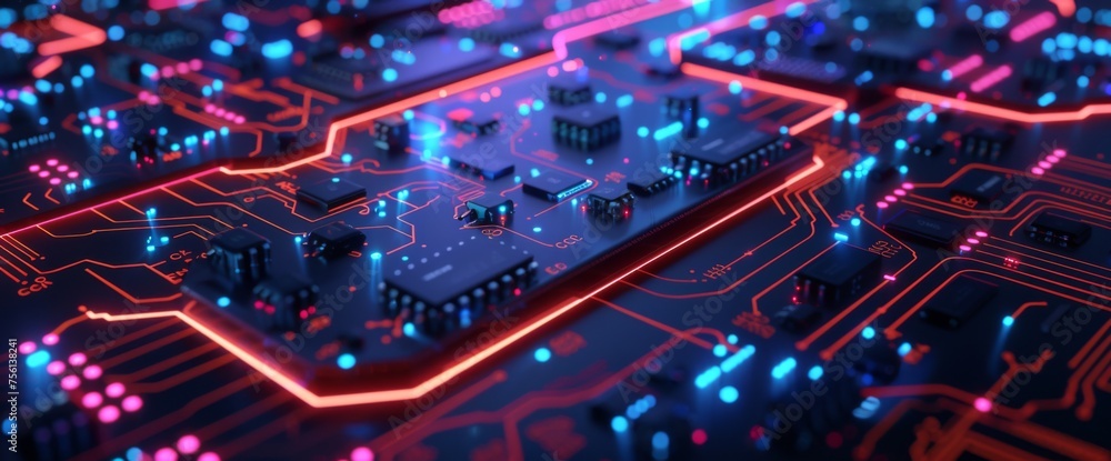 Poster 3d rendering of circuit board background with closeup view on chip and baseboard