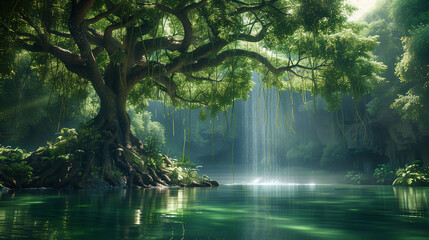 A tropical tree with many vines hanging down from its branches over a still pool of water.