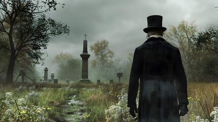 Paying Respects A Thin Man in an Old Coat and Top Hat Stands at the Edge of a Foggy Cemetery - obrazy, fototapety, plakaty