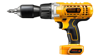 yellow electric drill tool on isolated transparent background