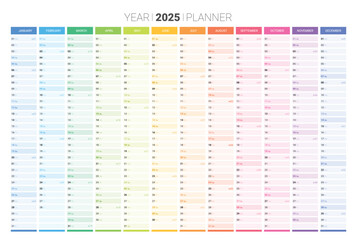 Annual planner, 2025 year wall calendar for monthly and daily agenda. Colorful schedule page journal, stationery calendar, organizer, planner template with twelve months vector illustration