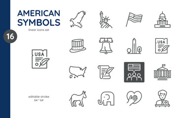 American Icons Vector Set - Patriotic Symbols and Landmarks. Isolated Editable Stroke Sing of USA Government, Politics, Nation, and United States History. - obrazy, fototapety, plakaty
