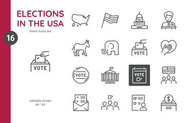 Elections in the USA Icons Set. Collections of Vector Symbols and Simple Isolated Icons for United States Politics, President Election Rally, American Landmarks, National flags and Voting Ballot Box.  - obrazy, fototapety, plakaty