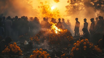 Hindu Funeral Pyre at Dawn A Communitys Solemn Commemoration - obrazy, fototapety, plakaty