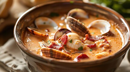 Close up bowl of tomato clam chowder with clams and bacon on table