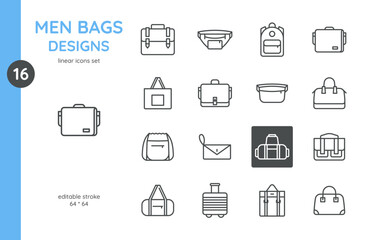 Men's Bag Icon Set: Messenger, Briefcase, Backpack, Duffle for Gym, Sports and Urban Lifestyle. Editable Stroke Vector Collection of Men's Bag Accessories. Includes Totes, Shoppers, Funny Packs.