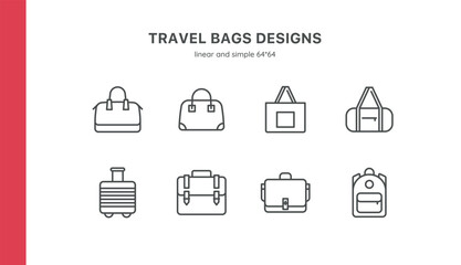 Travel Bag Icons: Luggage, Suitcases, Backpacks, Weekenders, Work Bags, Totes, Briefcases; Editable Vector Set for Vacation, Travel and Sport. Linear, Simple Designs. Women's, Men's, Unisex, Isolated.