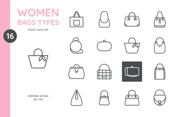 Women's Bag Icons: Tote, Purse, Handbag Styles; Editable, Trendy Vector Designs; Luxury, Casual, Travel, Sport Themes; Linear, Simple Line Art Silhouettes.