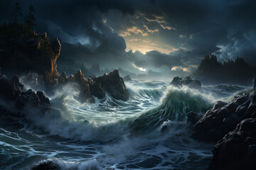 Stormy ocean, seascape with thunder and lightning - obrazy, fototapety, plakaty
