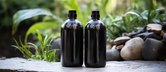 Black ceramic bottles of shampoo and conditioner on the bathtub outdoors.