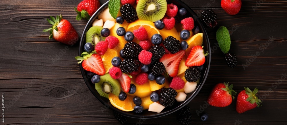 Poster a bowl of assorted fruits and berries displayed on a rustic wooden table, showcasing a colorful and 